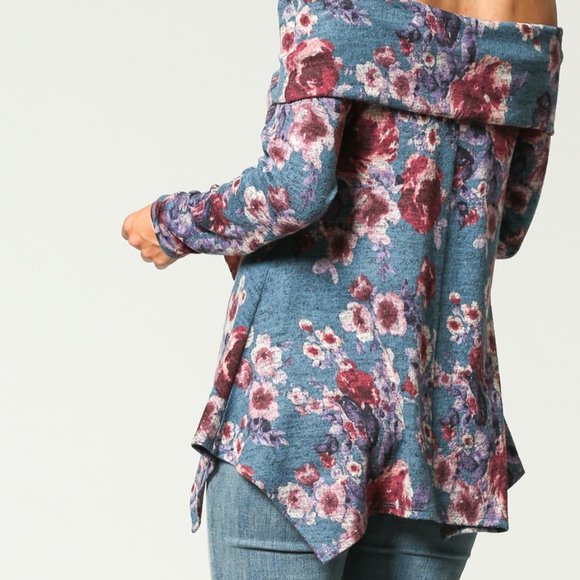 DONATED!! Floral off shoulder tunic in denim blue - Picture 4 of 6